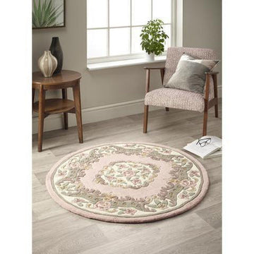 Shensi Traditional Floral Aubusson Medallion Border French-Style Hand-Carved Hi-Low Textured Soft Durable Wool Pink Round Rug-Origins-Rug Love - The Most Loved Rug Store
